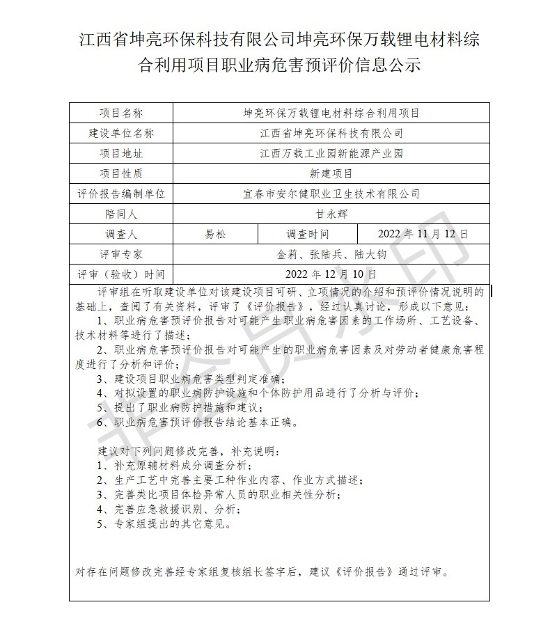 江西省坤亮環(huán)?？萍加邢薰纠ち镰h(huán)保萬載鋰電材料綜合利用項目職業(yè)病危害預評價信息公示.jpg