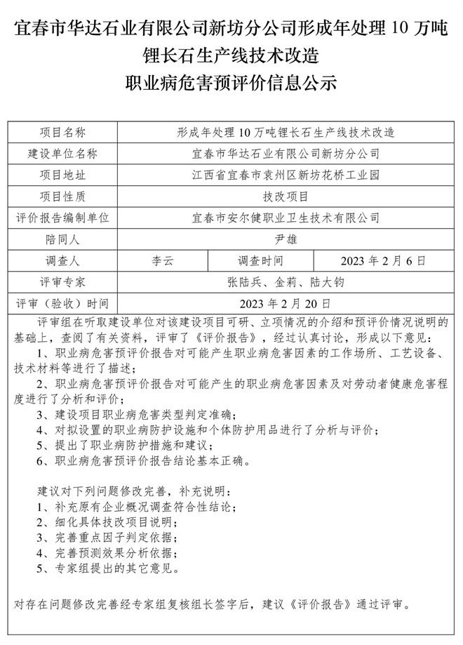 宜春市華達(dá)石業(yè)有限公司新坊分公司形成年處理10萬(wàn)噸鋰長(zhǎng)石生產(chǎn)線(xiàn)技術(shù)改造職業(yè)病危害預(yù)評(píng)價(jià)信息公示.jpg