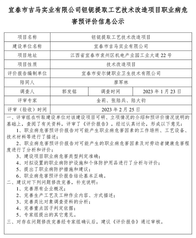 宜春市吉馬實(shí)業(yè)有限公司鉭鈮提取工藝技術(shù)改造項(xiàng)目職業(yè)病危害預(yù)評價(jià)信息公示.jpg