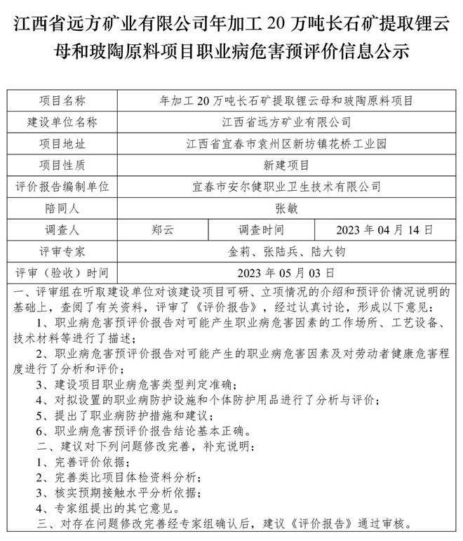 （預(yù)評價信息公示）江西省遠(yuǎn)方礦業(yè)有限公司年加工20萬噸長石礦提取鋰云母和玻陶原料項目職業(yè)病危害.jpg